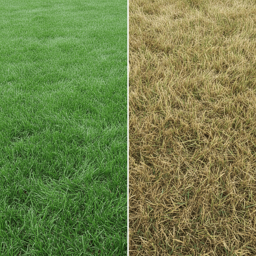 Comparison of healthy lawn versus lawn damaged by dull blade