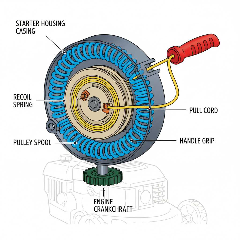 Understanding Your Mower’s Recoil Starter System Cross-section illustration of lawn mower recoil starter components showing spring, pulley, cord, and housing