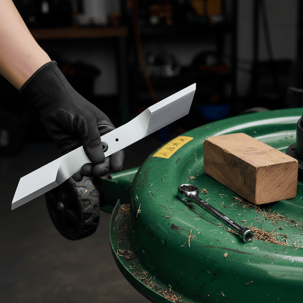 How to Change a Push Mower Blade: A Step-by-Step Safety Guide Close-up of a new mower blade held beside a tilted mower deck with a socket wrench and wood block