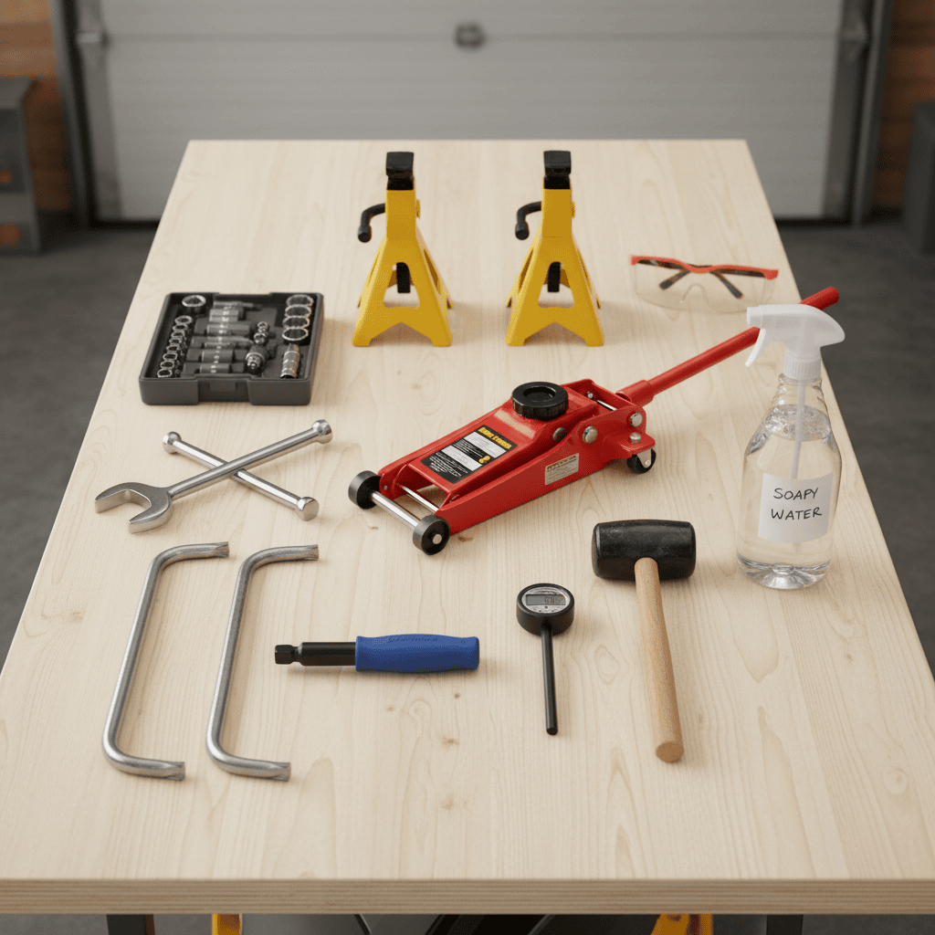 Flat lay of tools and materials required for changing a riding lawn mower tire.