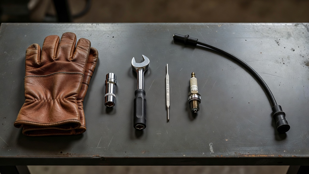 Safety First: Preparation Steps Safety preparation tools and equipment laid out for lawn mower spark plug replacement