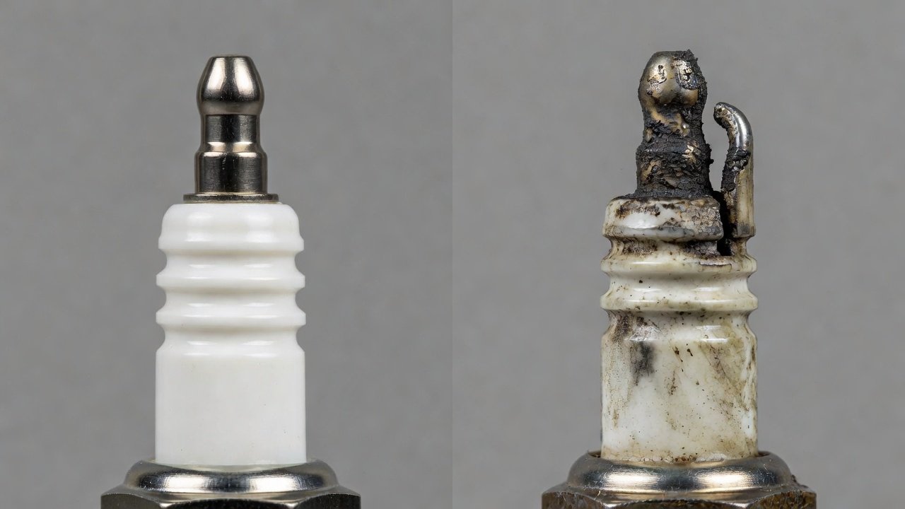 Side-by-side comparison of a new spark plug and a worn fouled spark plug