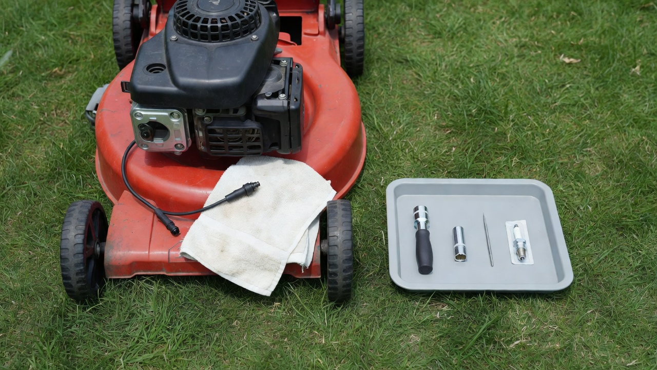 Organized tools and safety setup for lawn mower spark plug replacement