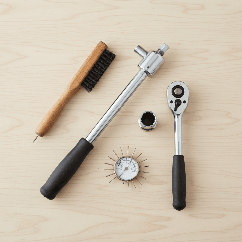 Essential tools for changing a lawn mower spark plug, including a spark plug socket, gap gauge, torque wrench, ratchet, and wire brush.