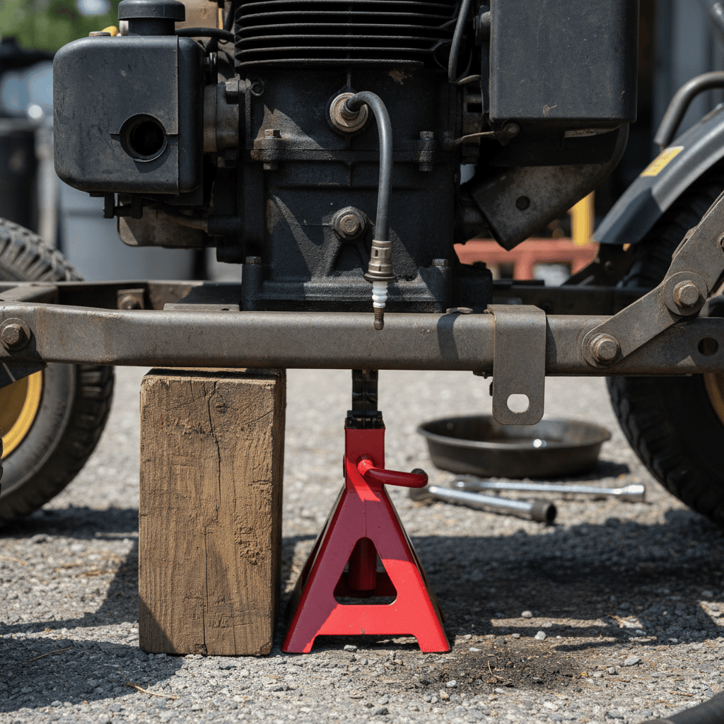 Proper jack stand and block placement under mower frame with disconnected spark plug wire