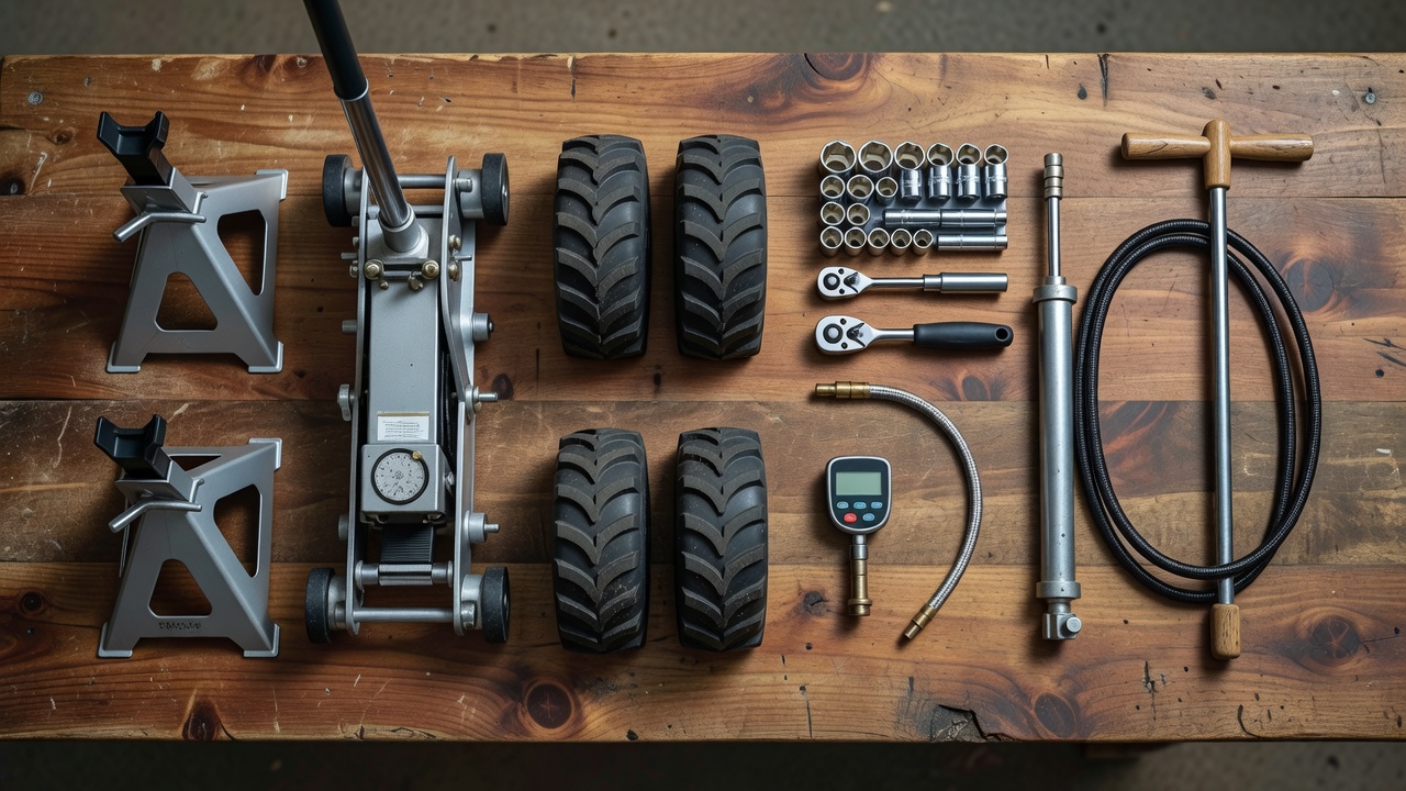 Neatly arranged tools for changing a riding mower tire on a workbench