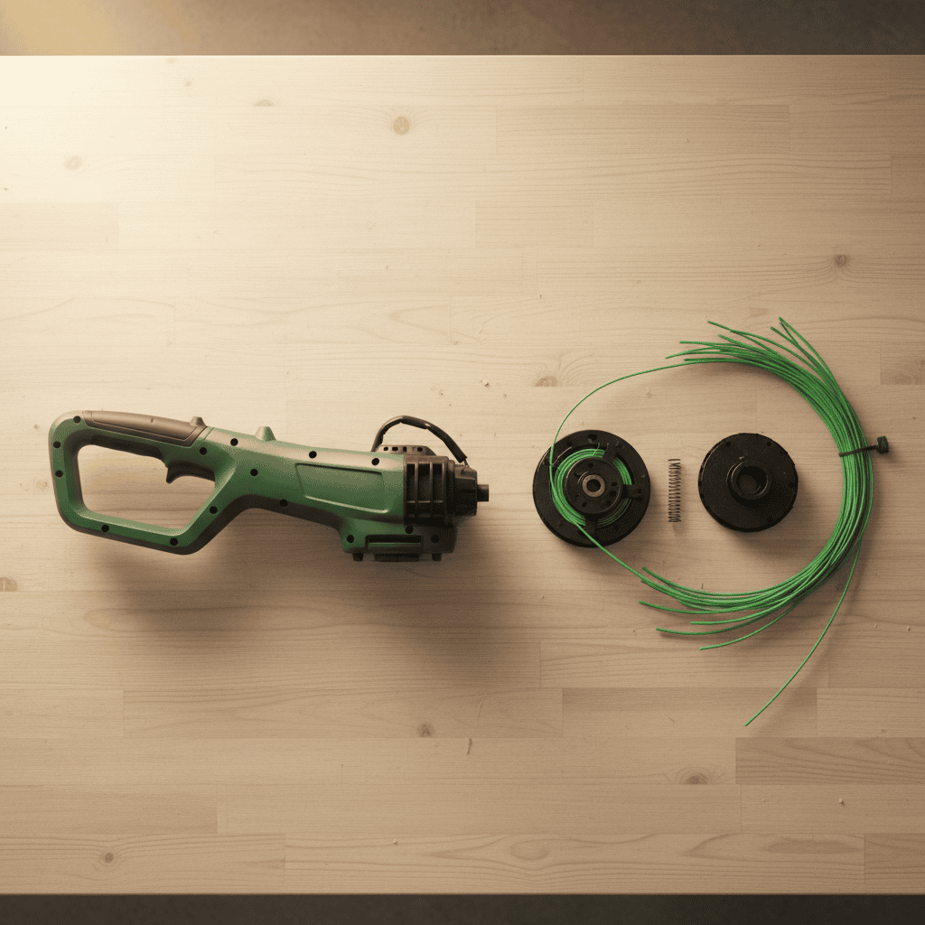 Disassembled string trimmer on a workbench with spool and line laid out in order.