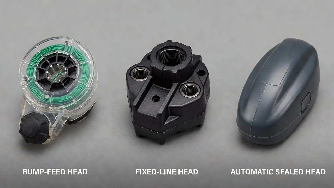 Three types of weed eater trimmer heads displayed side by side for comparison