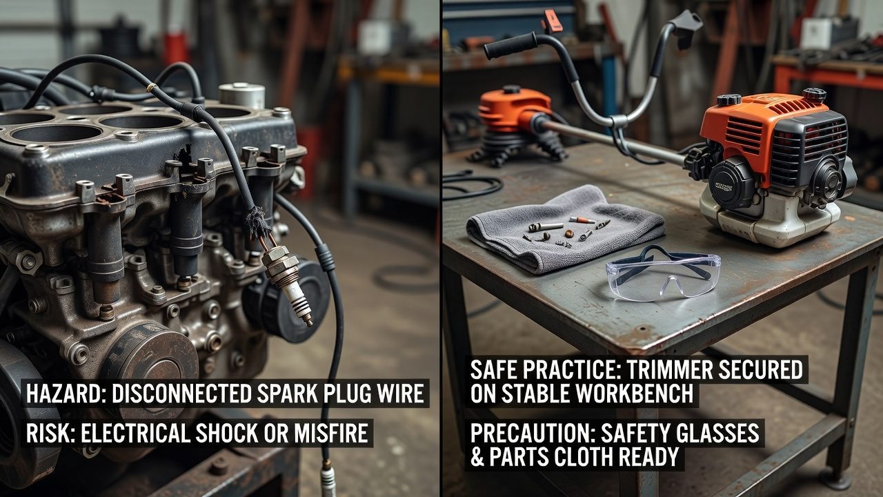 Safety precautions for weed eater maintenance including spark plug disconnection and workspace setup