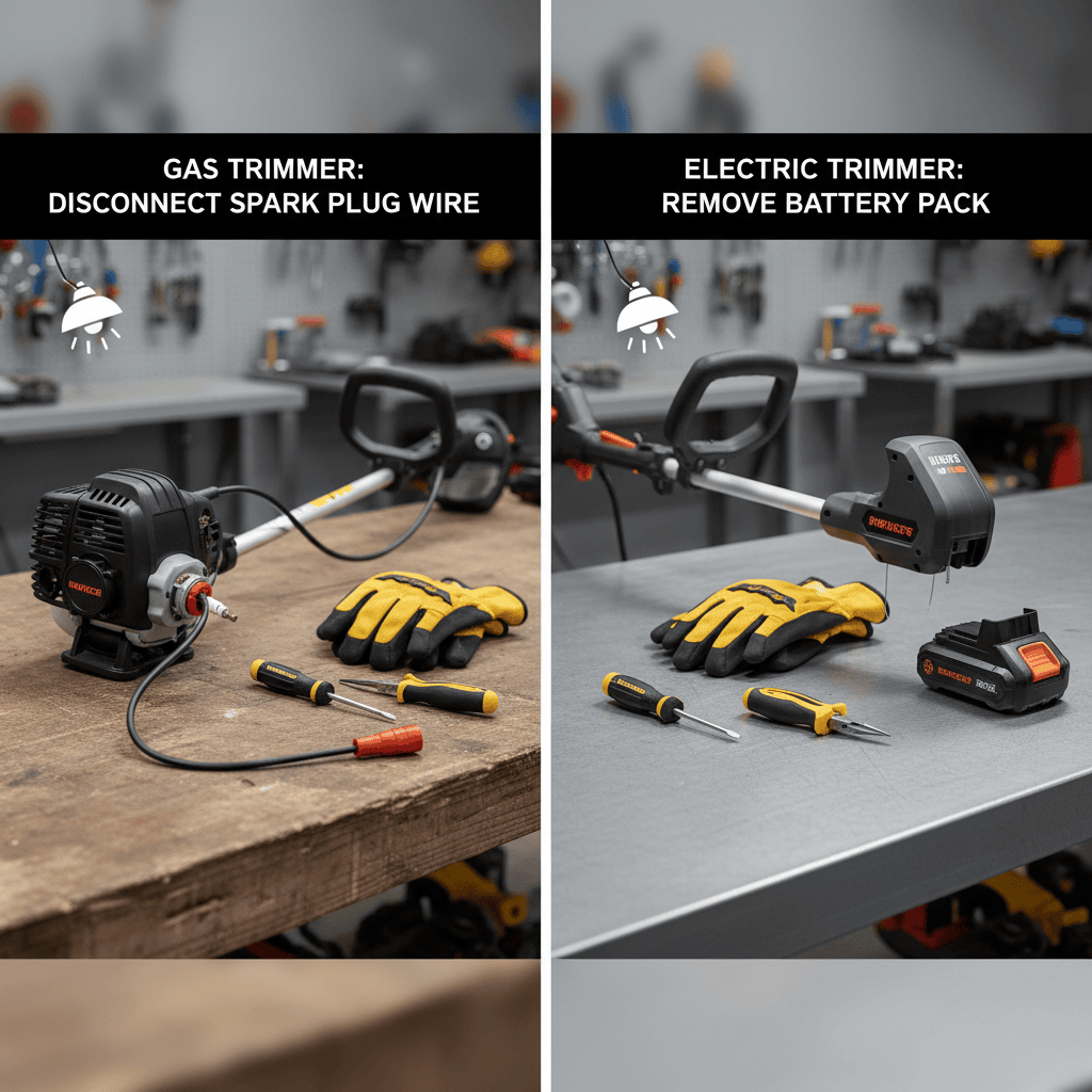 Gas and electric trimmer safety preparation with disconnected spark plug and removed battery