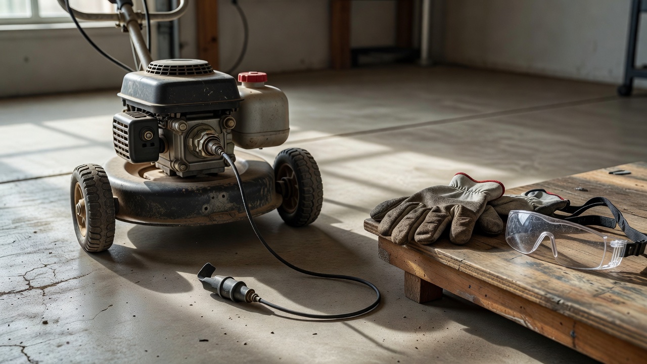 Gas edger with the spark plug wire disconnected before a blade change.