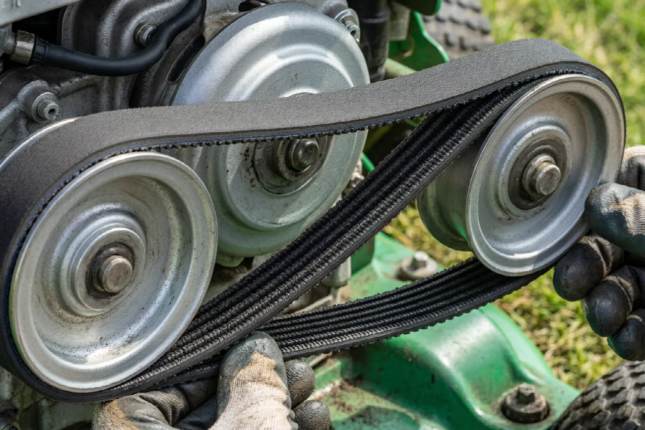 Installing new belt on lawn mower pulleys following proper routing diagram