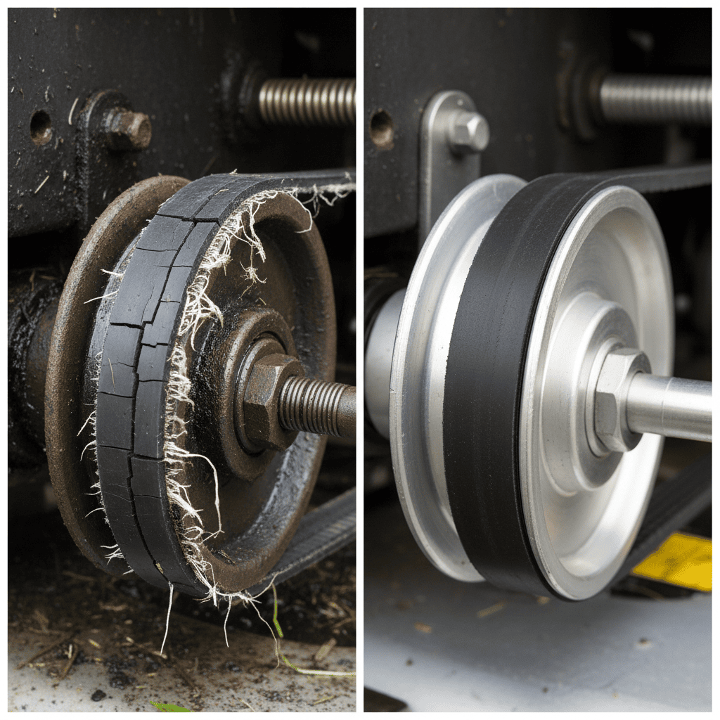Comparison of a worn, cracked mower belt and a new, properly installed belt on pulleys.