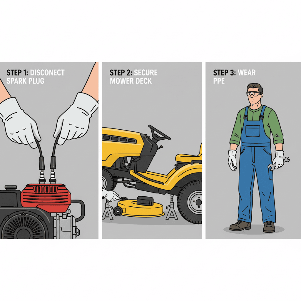 Safety preparation steps for riding mower blade change including spark plug disconnection and deck securing