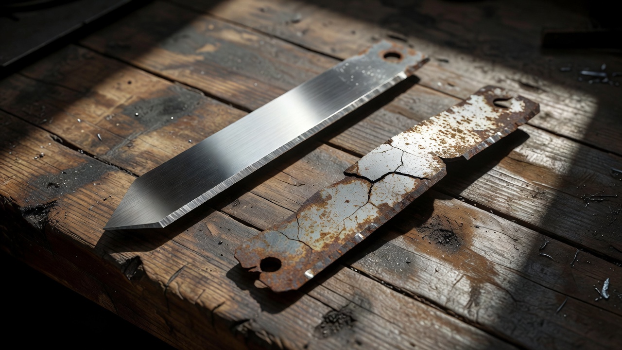 How Do You Change Blades on a Riding Lawn Mower? (Safe Step-by-Step Guide) A sharp serviceable mower blade next to a cracked, bent, and rusted blade requiring replacement, shown side by side on a workbench