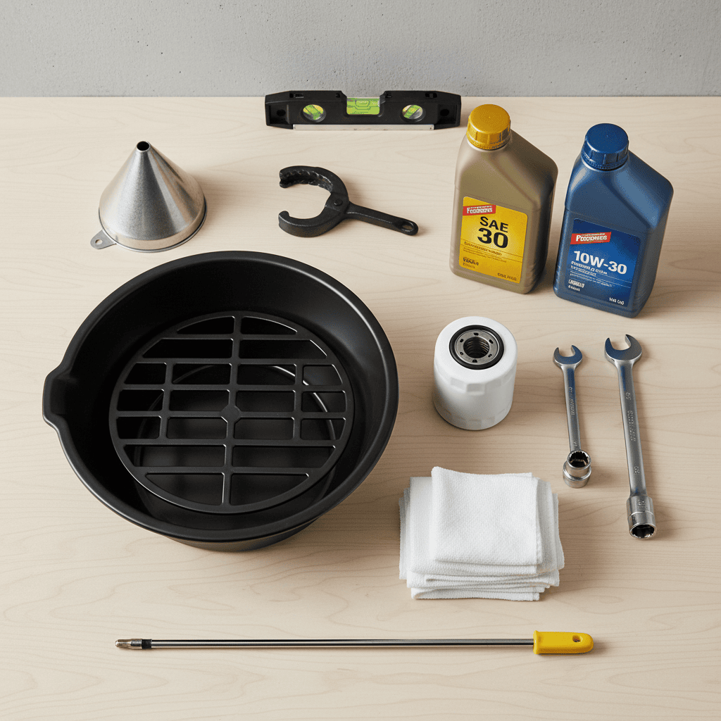 Complete set of tools and materials needed for a Briggs and Stratton lawn mower oil change
