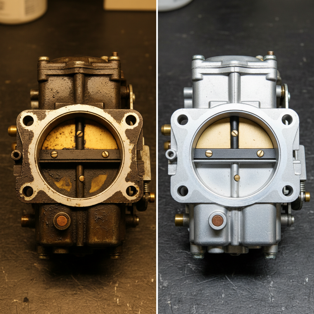 Side-by-side comparison of a clogged versus clean carburetor