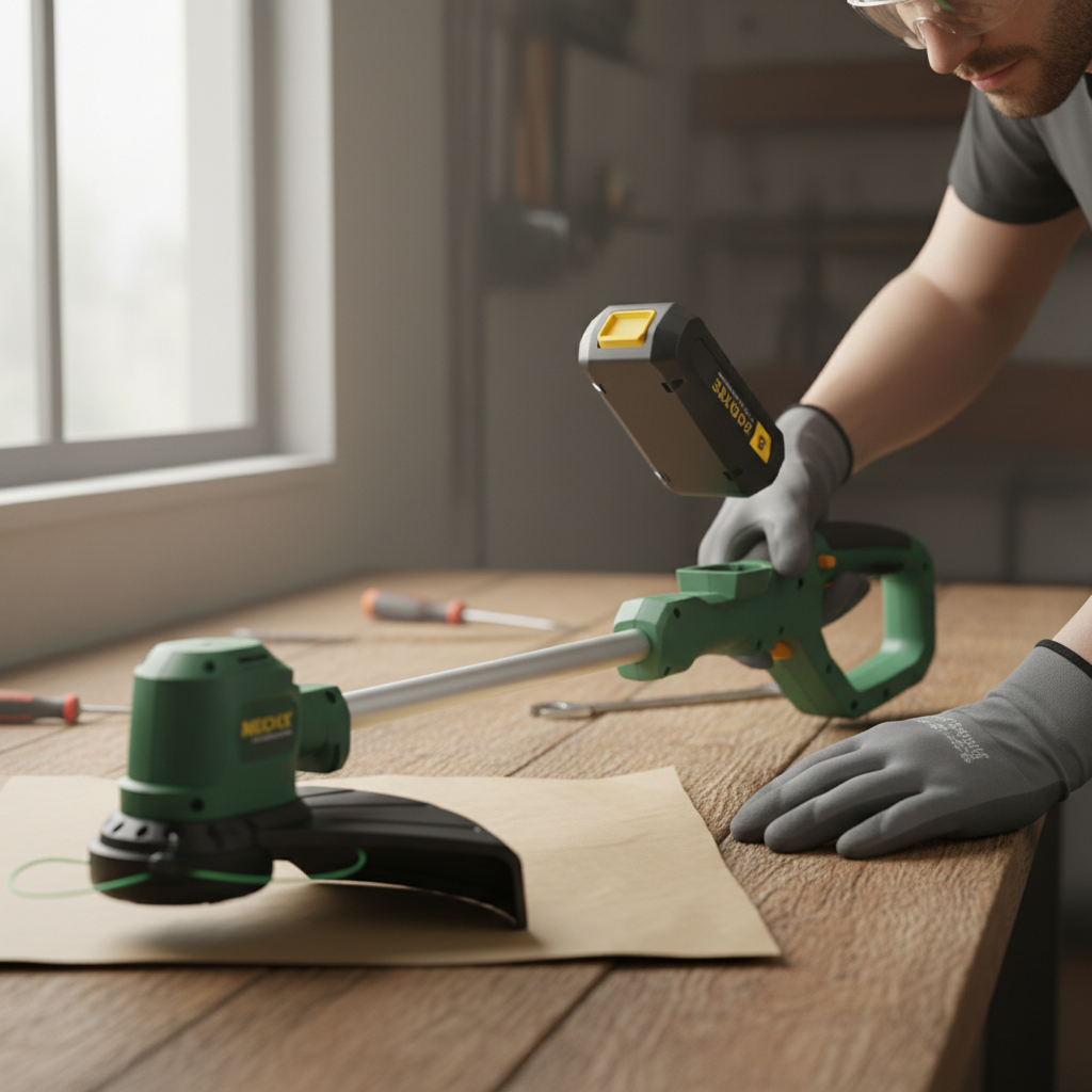 Gloved hands removing the battery from a still cordless string trimmer.