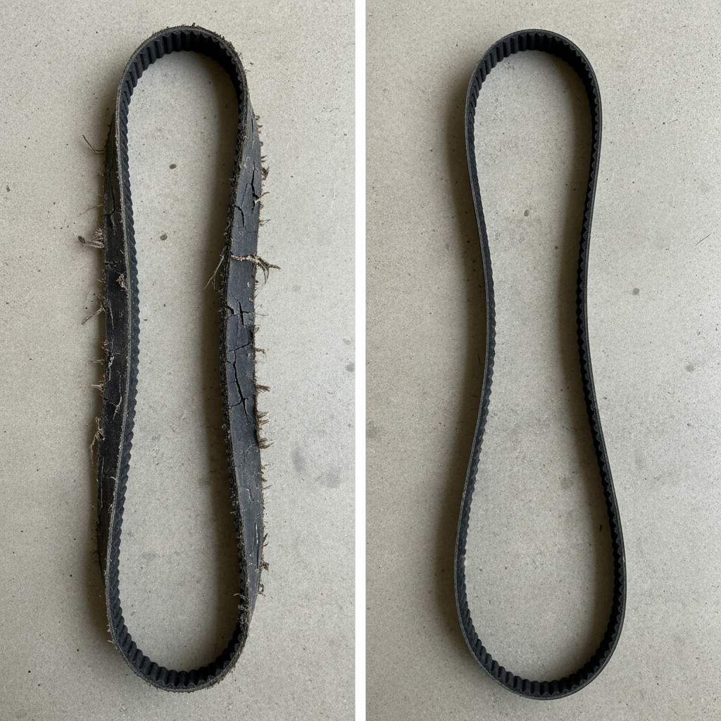 Worn versus new lawn mower belt comparison