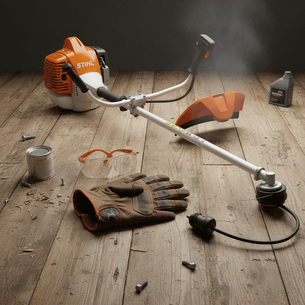 Safety equipment for Stihl weedeater maintenance including gloves, glasses, and spark plug wire