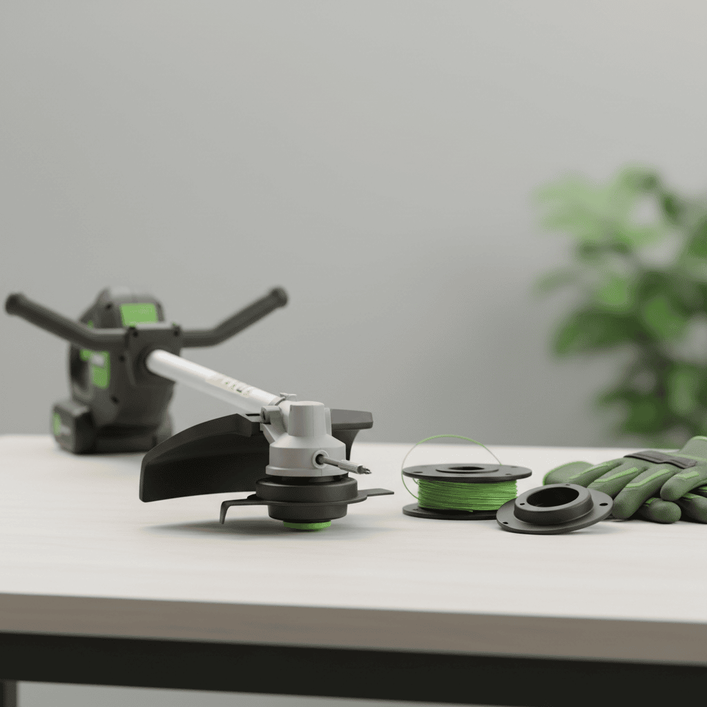 String trimmer on a workbench with its head locked by a screwdriver and a replacement head ready nearby.