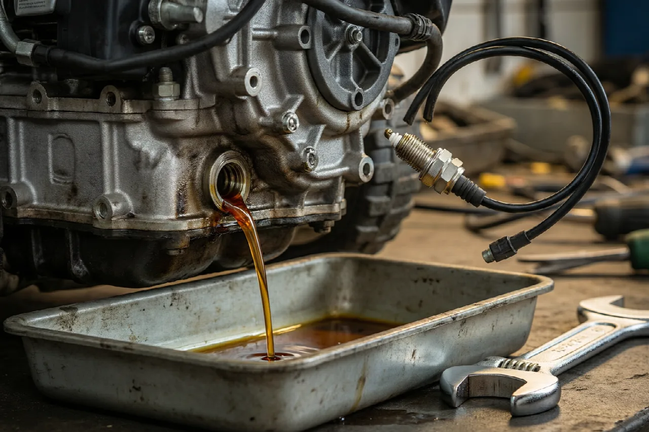 How to Change the Oil in a Husqvarna Lawn Mower: Step-by-Step Guide Draining old oil from a lawn mower engine into a pan with the spark plug wire disconnected