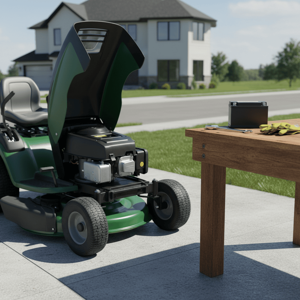Riding lawn mower with its hood open showing the battery compartment and replacement tools nearby