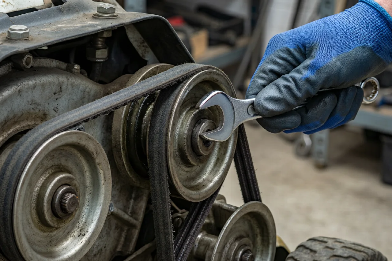 Releasing belt tension with a wrench to remove the old belt from the mower pulleys