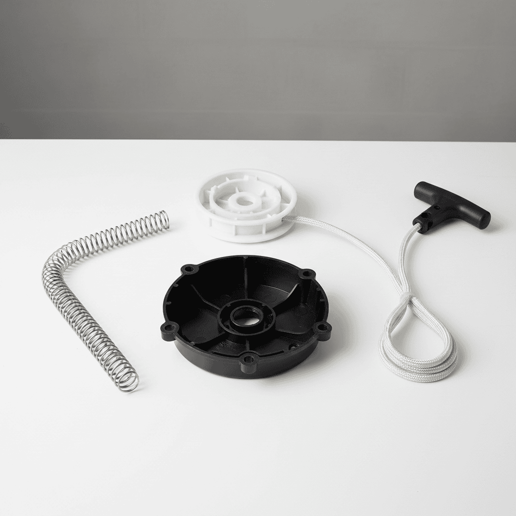 How Do You Change a Lawn Mower Pull Cord? (Complete DIY Guide) Disassembled lawn mower pull cord components: cord, housing, pulley, and spring.