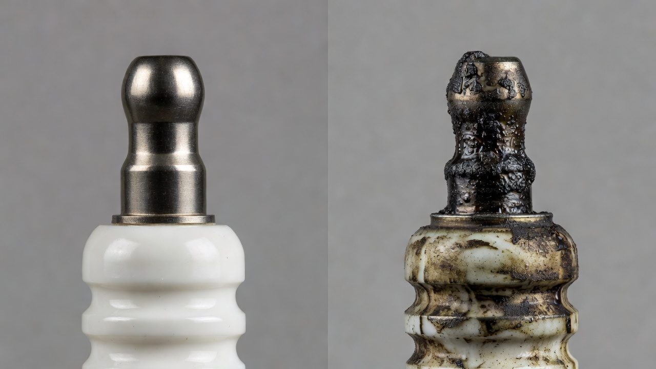 When to Replace Your Lawn Mower Spark Plug Side-by-side comparison of a clean and fouled spark plug