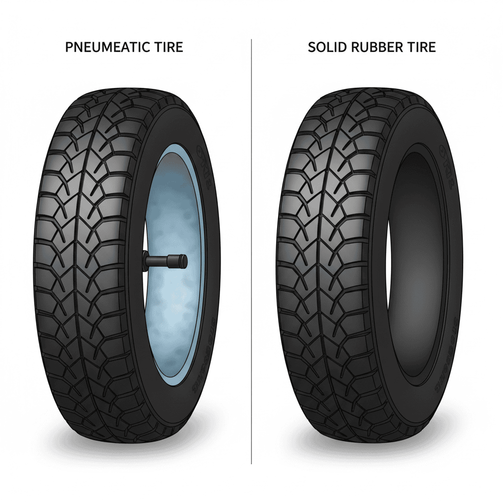Comparison illustration of pneumatic tire with air cavity and valve stem versus solid rubber tire cross-sections