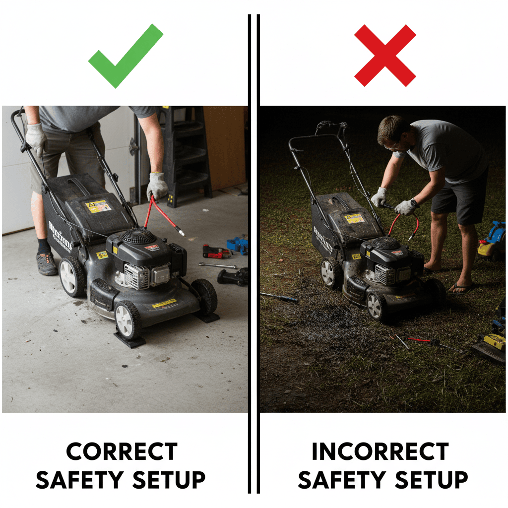 Safety precautions comparison for lawnmower blade replacement