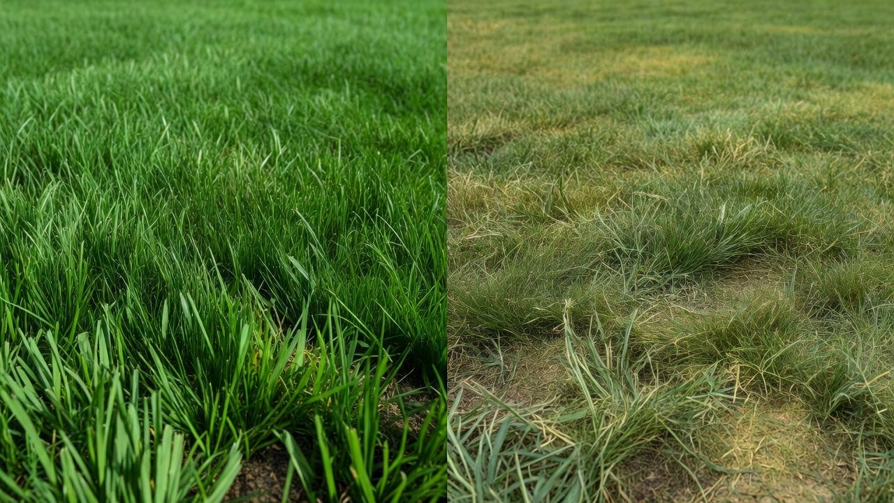 Lawn comparison showing clean-cut grass versus torn grass from dull blades