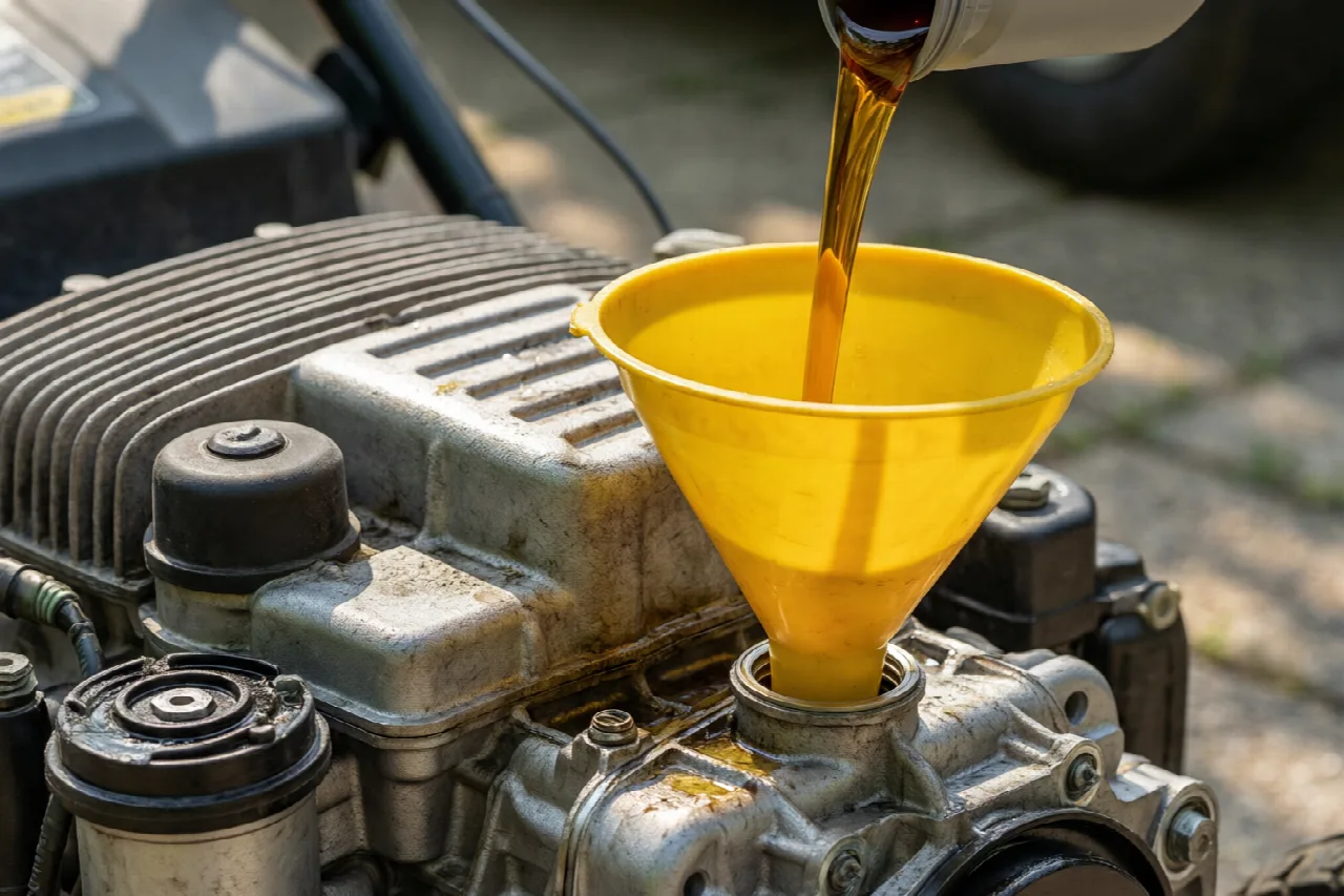 Pouring fresh oil into lawn mower engine using a funnel during maintenance