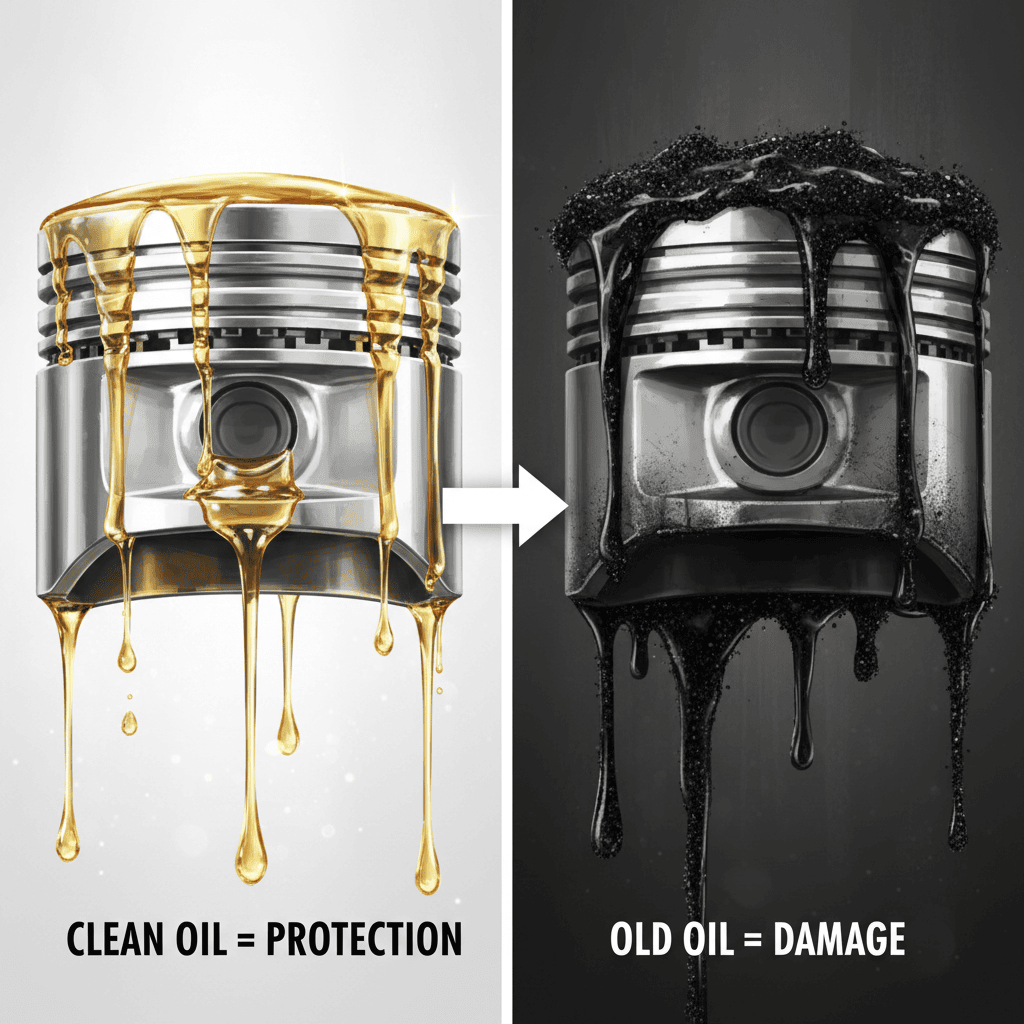 Comparison between a clean engine with fresh oil and a dirty engine with degraded oil.