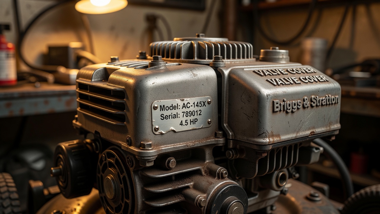 Close-up of a riding lawn mower engine block showing the model identification tag on the side