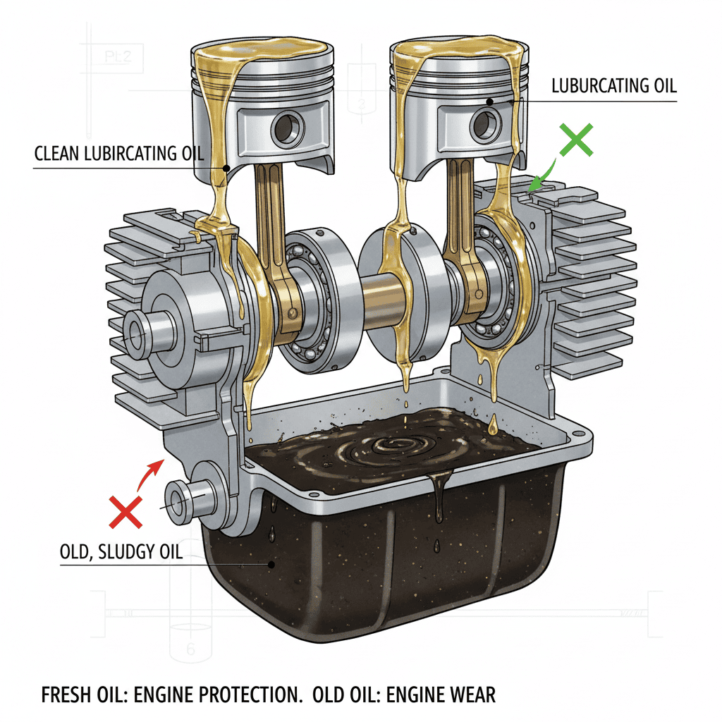 Diagram showing clean oil lubricating engine parts versus old, sludgy oil.