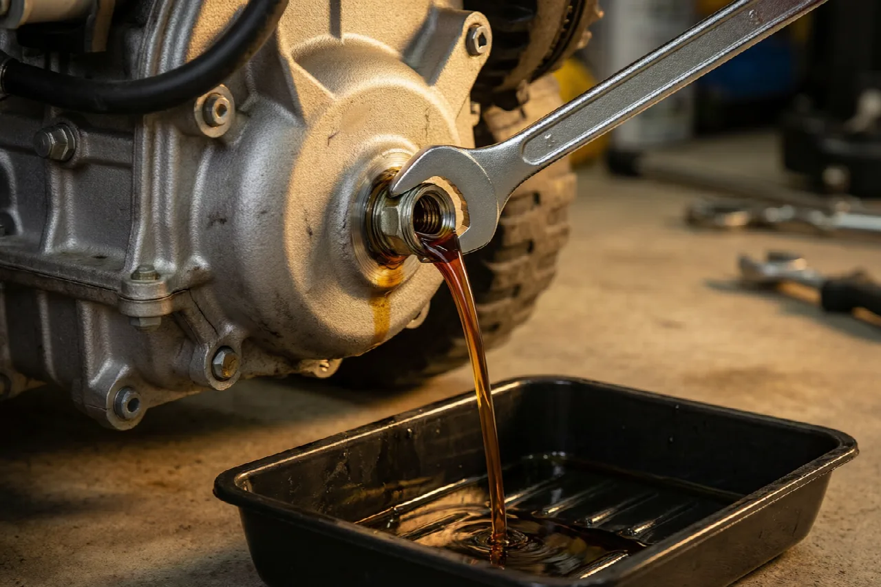 Loosening the drain plug to let old oil flow into a pan beneath the mower engine