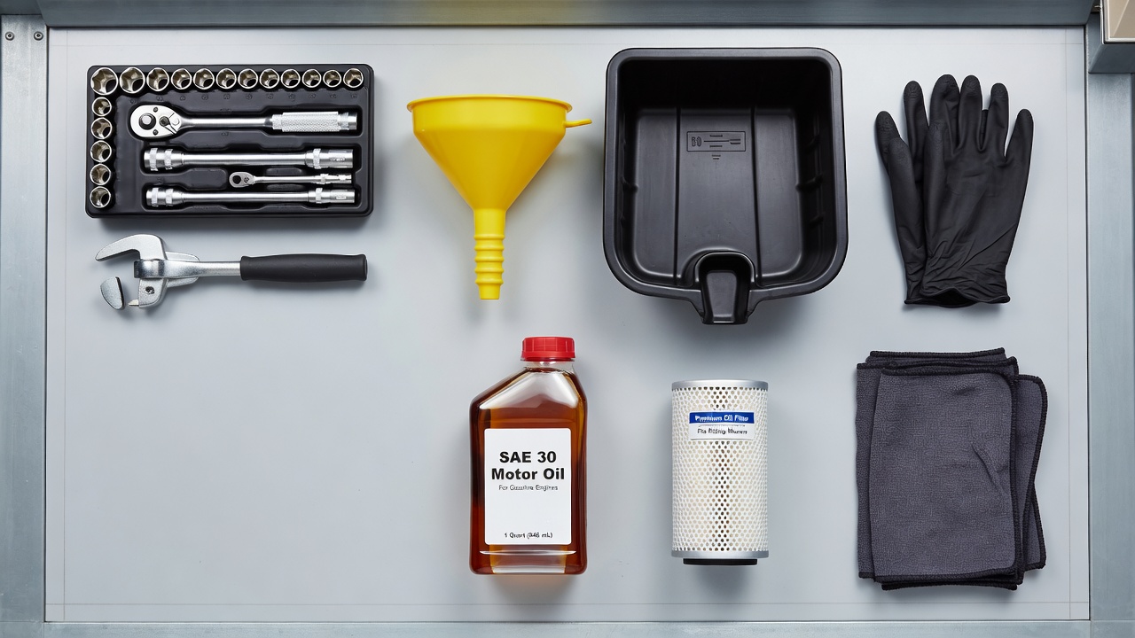 Tools and materials laid out for a riding mower oil change including wrenches, funnel, drain pan, oil, and filter