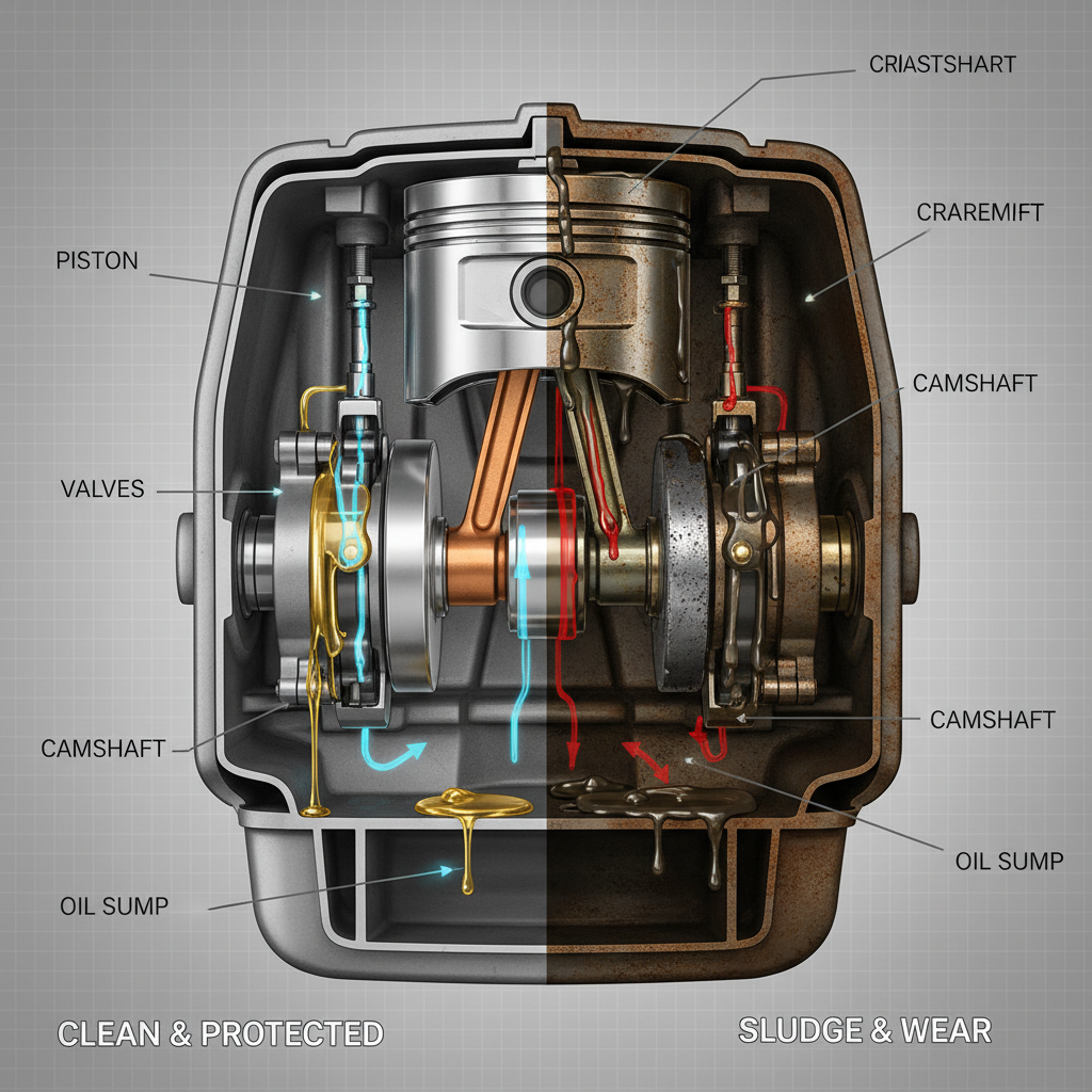 How Do You Change Oil in a John Deere Lawn Mower? (Step-by-Step Guide) Engine cutaway comparing clean oil protection versus sludge-clogged engine damage