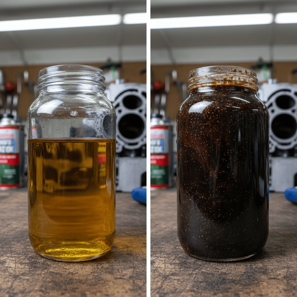 How Do You Change the Oil in a Lawn Mower? (Step-by-Step Guide) Side-by-side comparison of fresh motor oil versus dark, used oil.