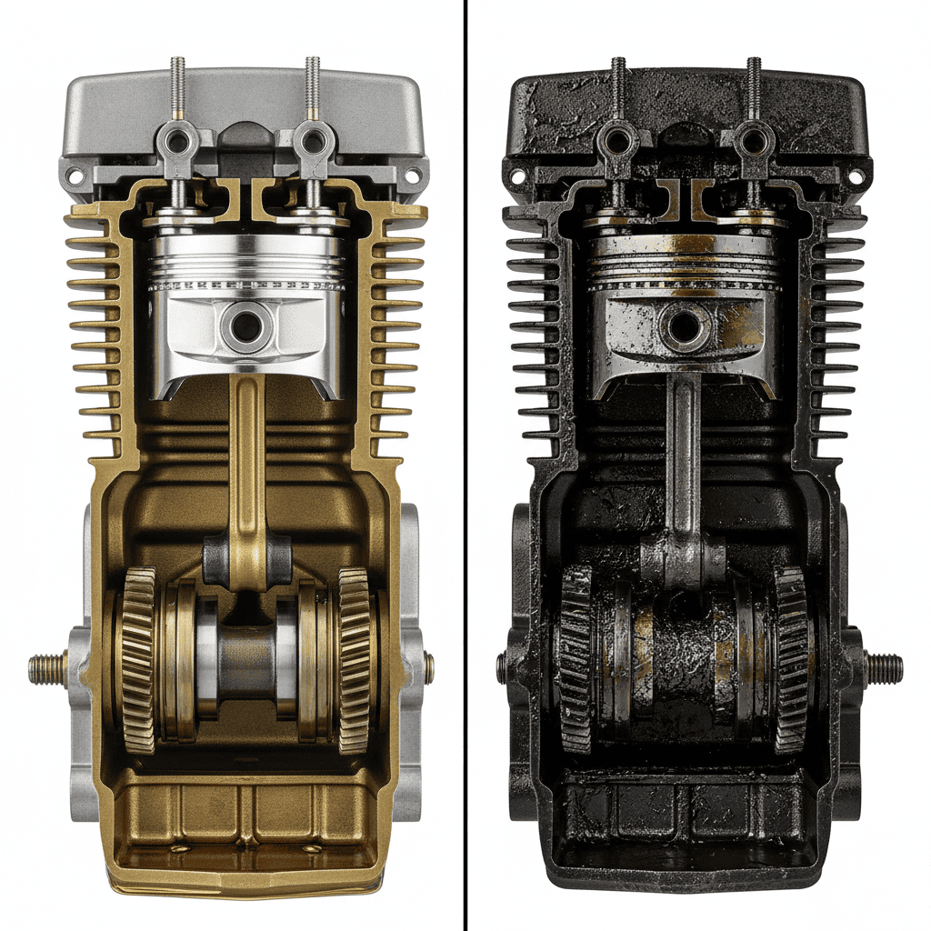 How to Change Oil in a Riding Lawn Mower? (Step-by-Step Guide) A side-by-side comparison of a clean engine with fresh oil versus a dirty engine with sludgy, degraded oil.