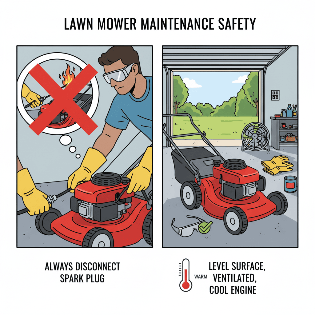 Safety precautions for lawn mower oil change including proper attire, disconnect spark plug, and level workspace