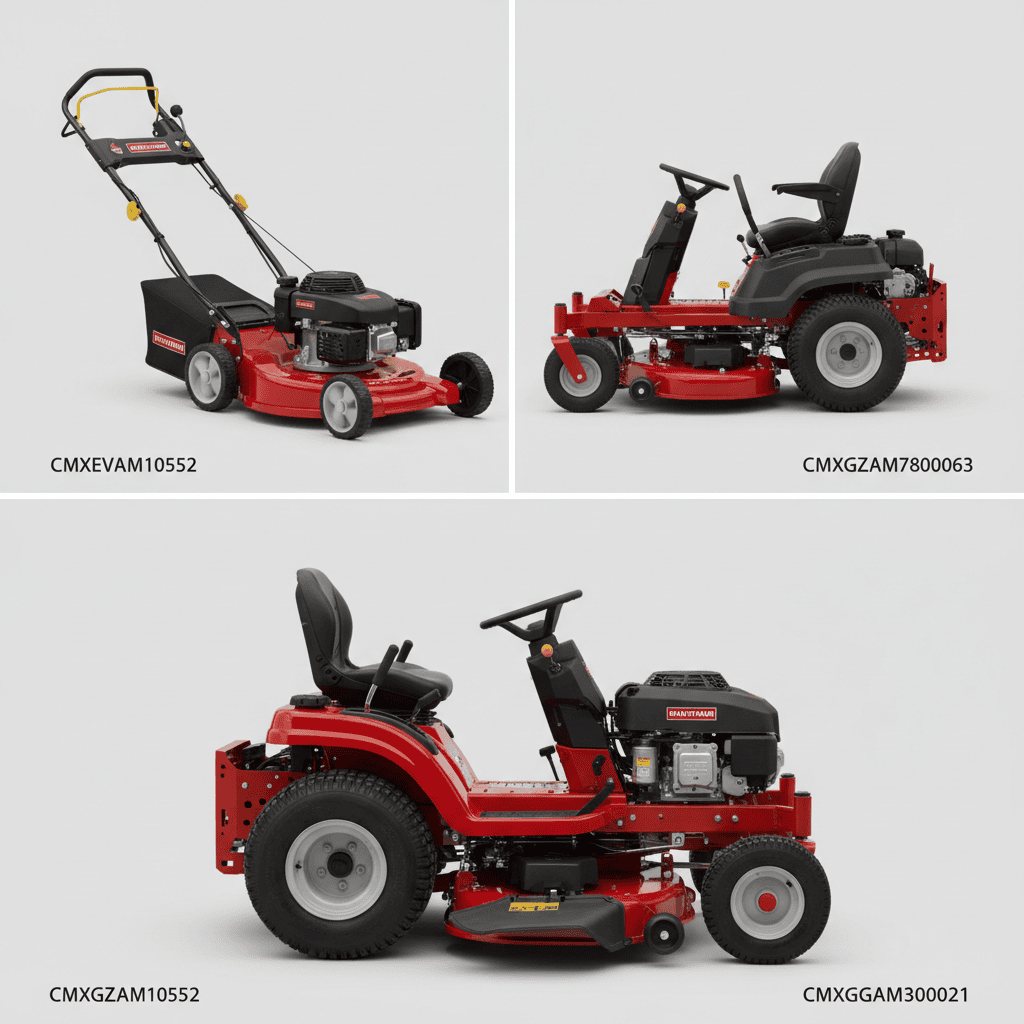 Three types of Craftsman lawn mowers displayed side by side