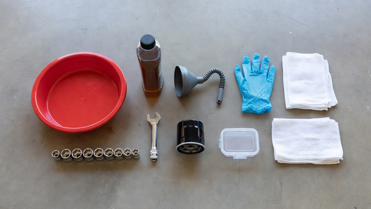 How Do You Change Oil in a Craftsman Riding Lawn Mower? (Step-by-Step Guide) Overhead flat-lay of oil change tools and supplies including drain pan, socket wrench, motor oil bottle, funnel, nitrile gloves, rags, and oil filter on a concrete garage floor