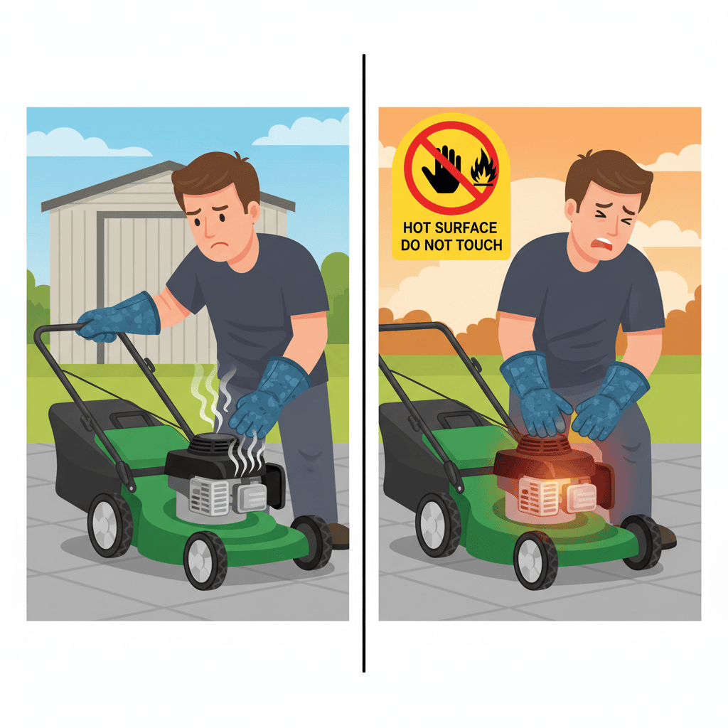 Safety comparison showing proper protective gear and level mower positioning