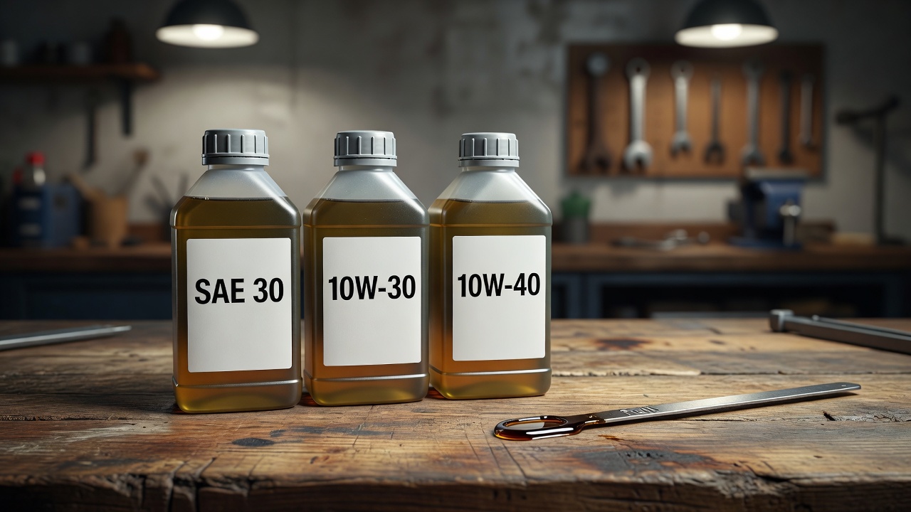 How Do You Change Oil in a Husqvarna Lawn Mower? (Step-by-Step Guide for Walk-Behind and Riding Models) SAE 30, 10W-30, and 10W-40 oil bottles beside a dipstick showing the full oil level mark