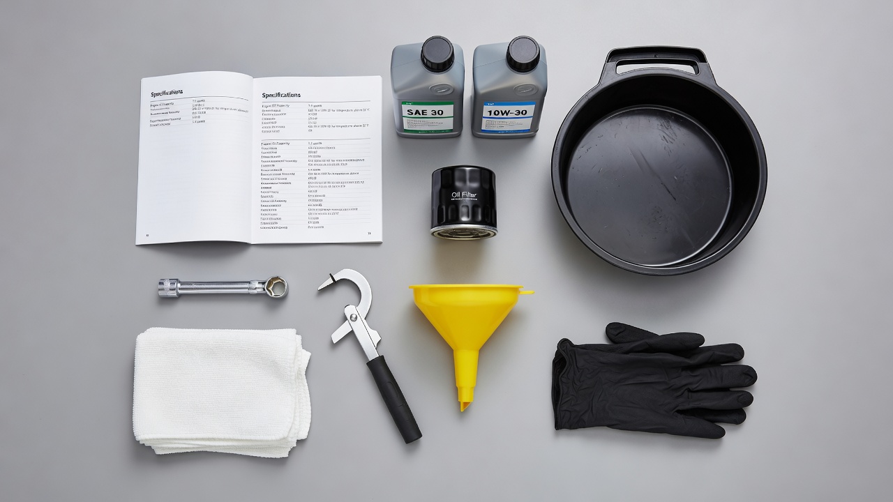 All tools and supplies needed for a riding mower oil change laid out on a workbench