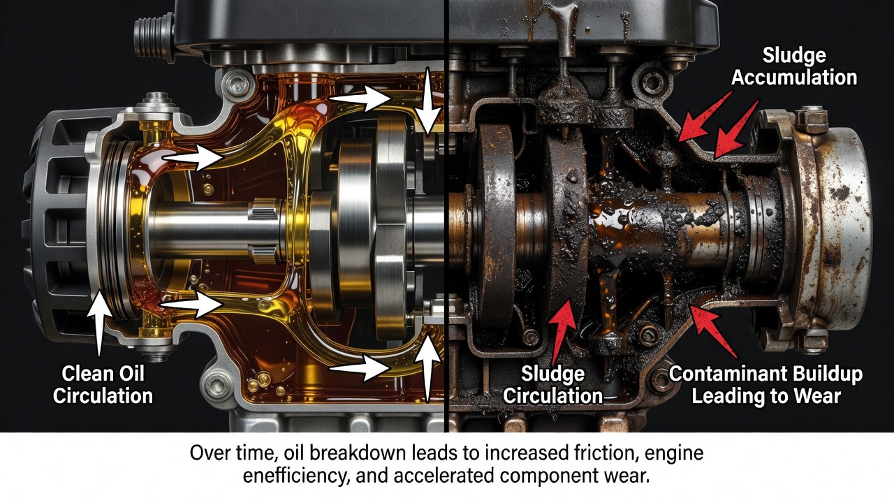 Comparison of clean vs dirty engine oil showing lubrication and contamination effects