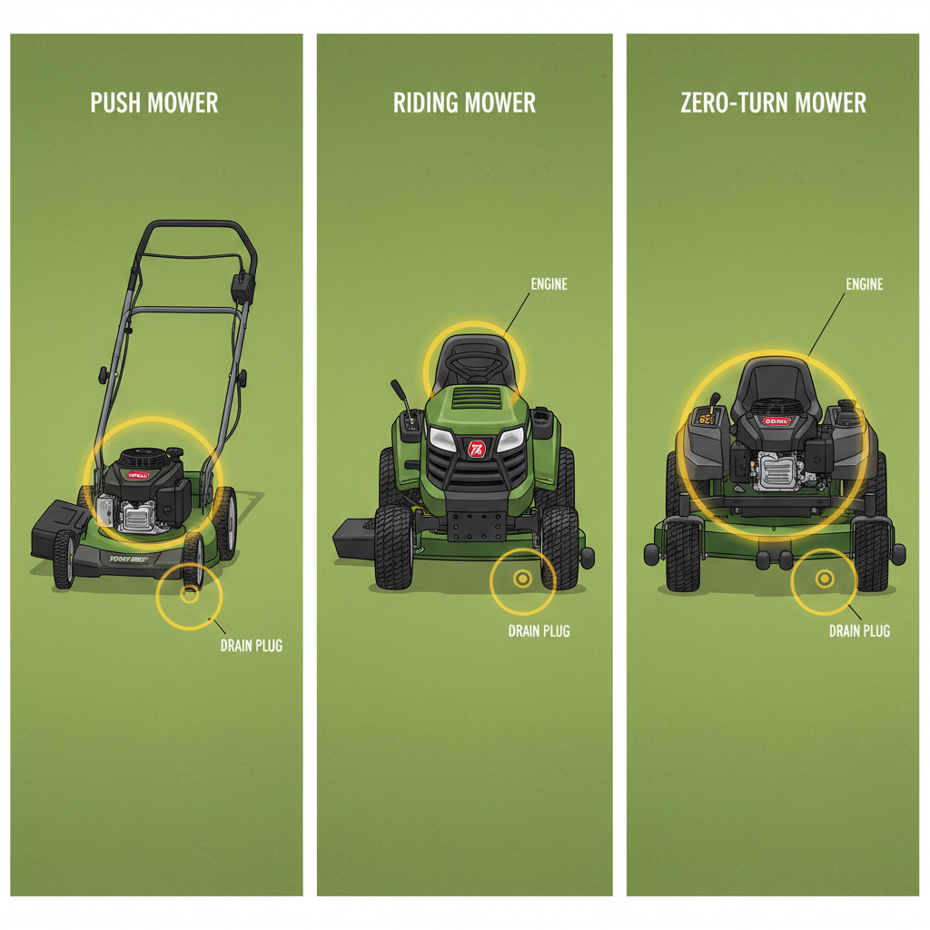 Three types of Troy-Bilt mowers with drain plug locations highlighted